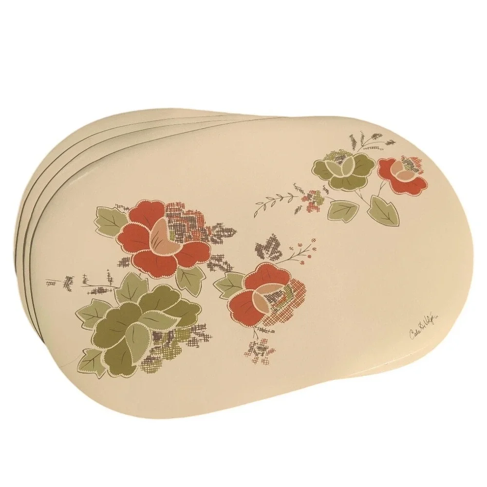 Vintage Cala Di Volpe Floral Vinyl Placemat Retro Orange Green Cream 17.5
